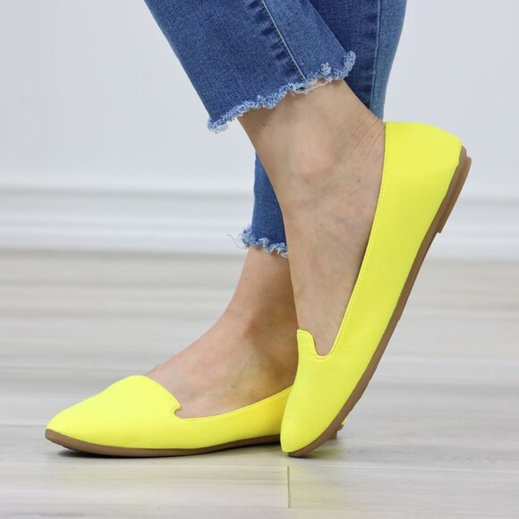Neon Yellow Faux Suede Rounded Toe Slip On Flat Shoes - Picture 7 of 11
